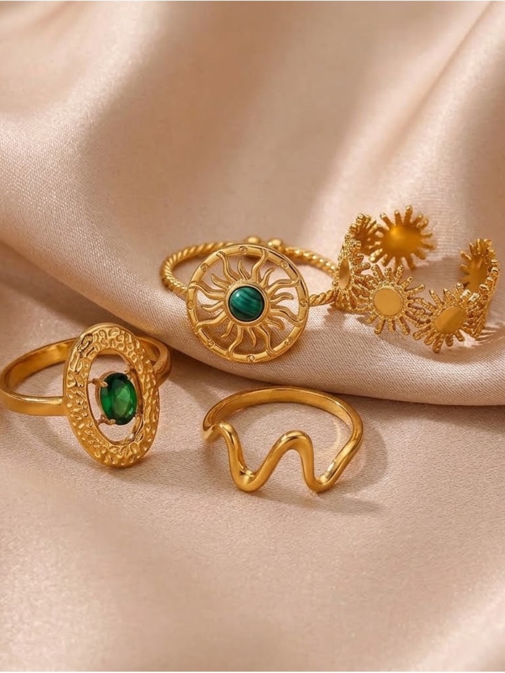 Gold Sunburst & Green Stone Stacking Ring Set